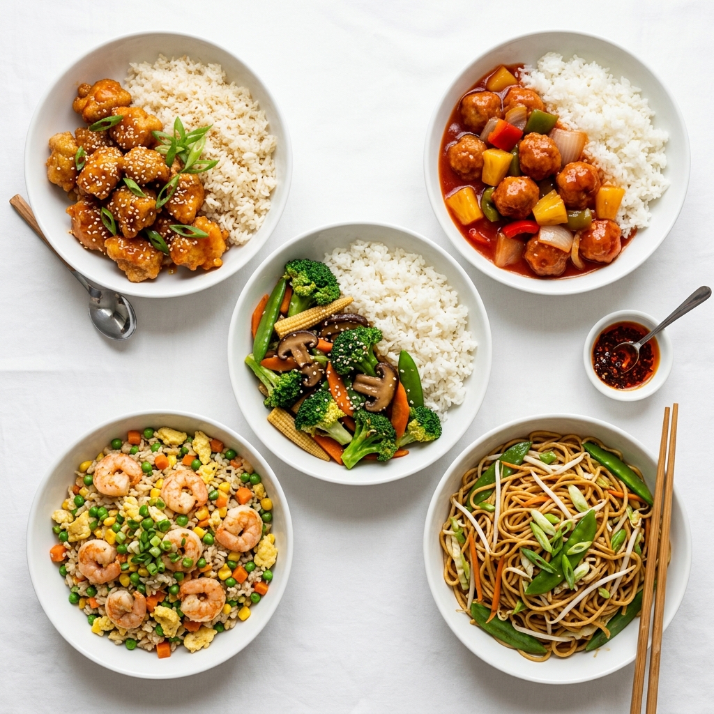 Orange Chicken, Sweet & Sour Chicken, Broccoli Stir-fry, Fried Rice, and Chow Mein